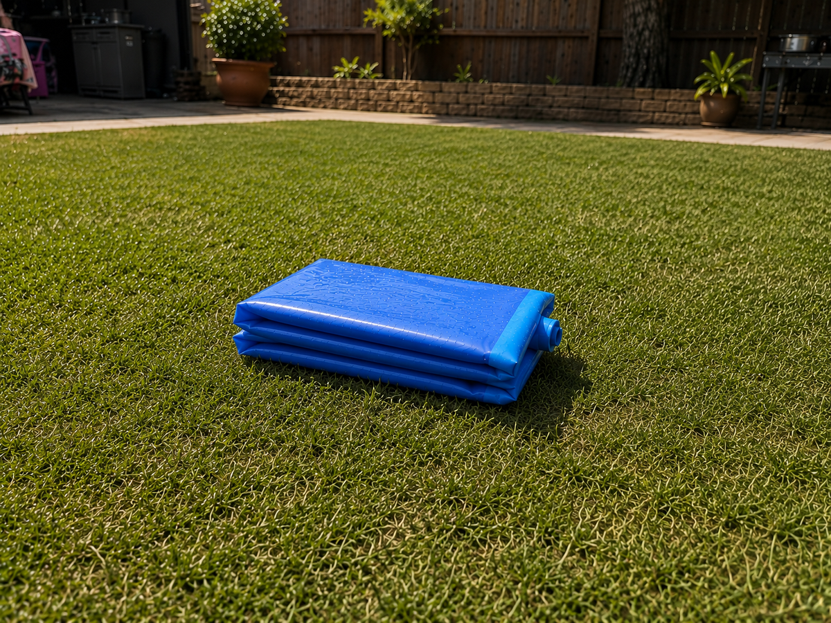 Dobra-se plano. Sem água verde de piscina no pátio